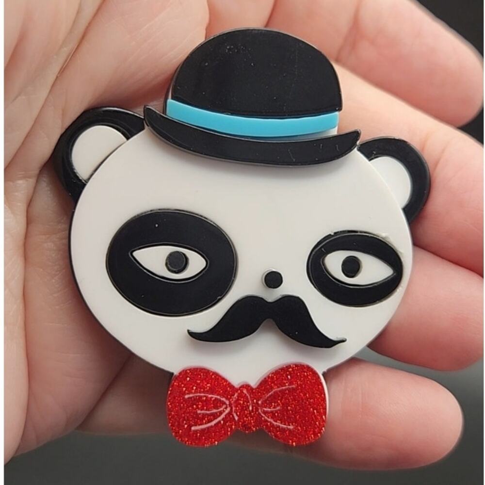Acrylic Panda Bear Brooch Cartoon Style Hat Bowtie and Moustache Dapper